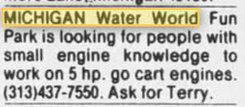Michigan Water World - JULY 10 1985 HELP WANTED AD FROM THE PARK